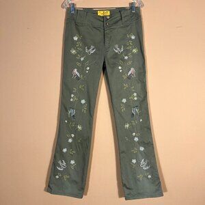 ANEV Embroidered Birds Floral Green Olive Straight Pants